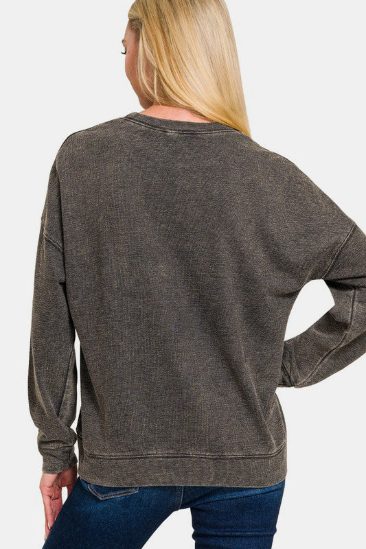 Zenana Laid Back Vibes Washed Dropped Shoulder Sweatshirt in Black