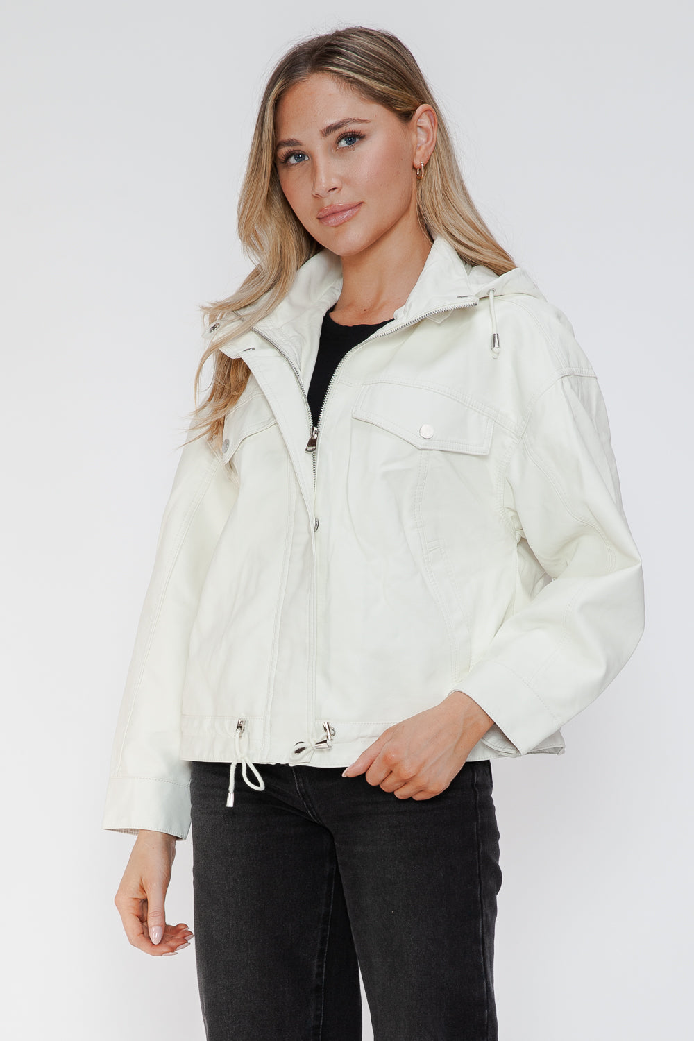 How Dare U My Favorite Layer Drawstring Hem PU Leather Zip Up Jacket in White