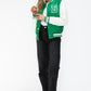 Love Me Now Bring The Love PU Leather Contrast Snap Down Bomber Jacket in Green/Milk