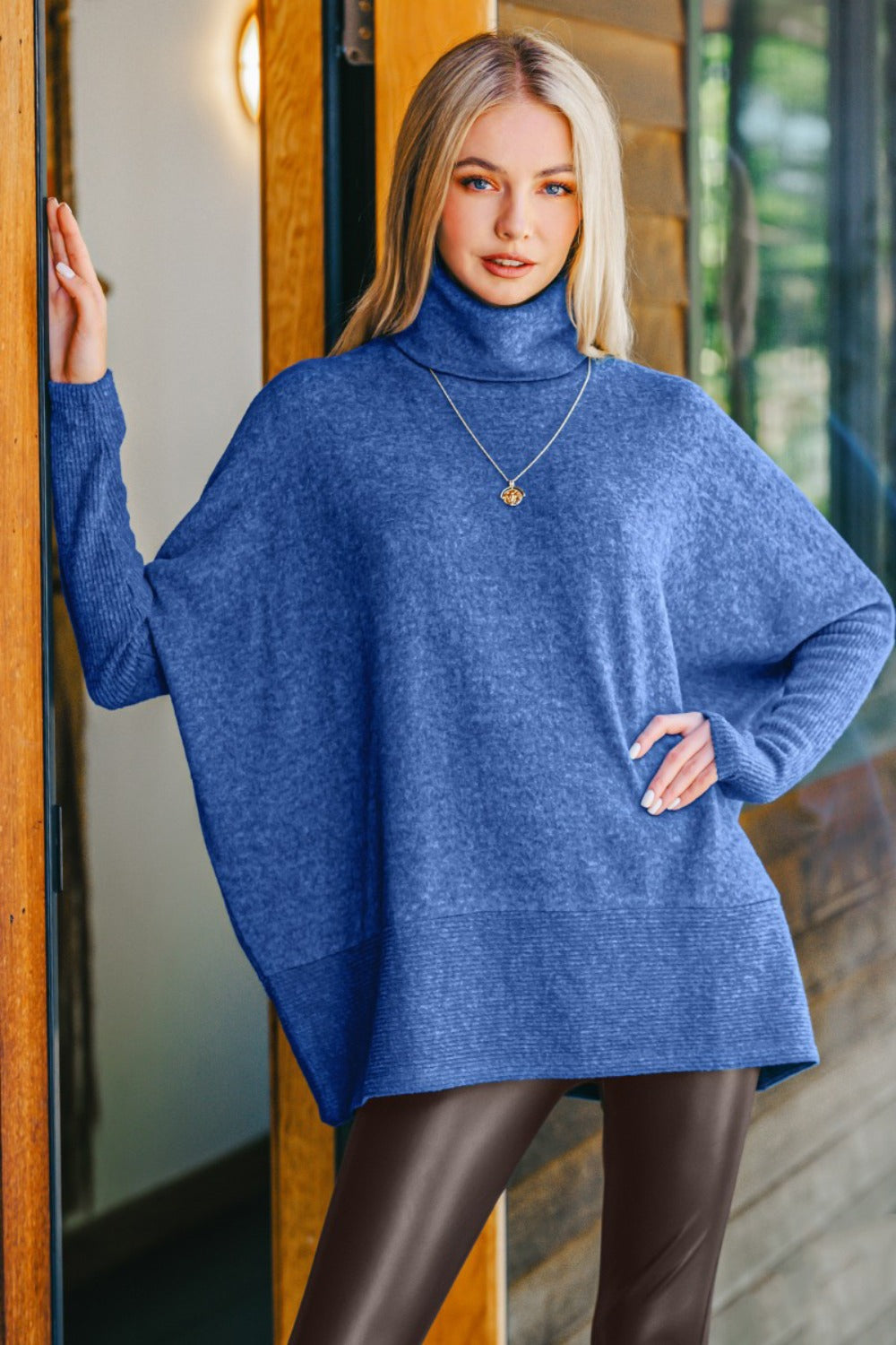 Zenana Never Let You Go Brushed Melange Hacci Turtleneck Sweater in Light Navy