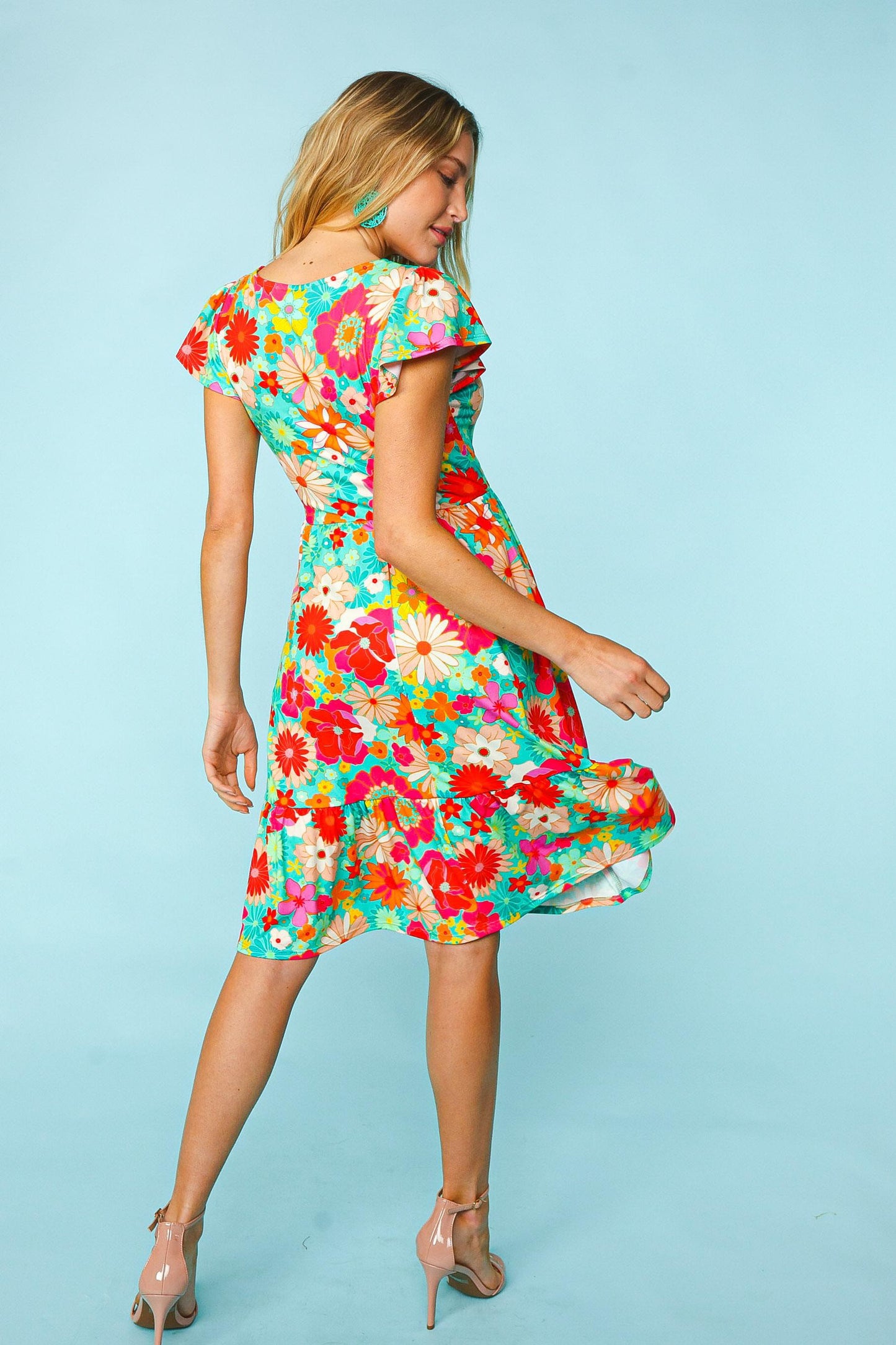 Haptics Minty Fresh Floral Square Neck Short Sleeve Dress with Pockets