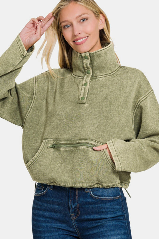 Zenana Cozy In The Cabin Acid Wash Fleece Half Snap Sweatshirt with Pocket in Light Olive