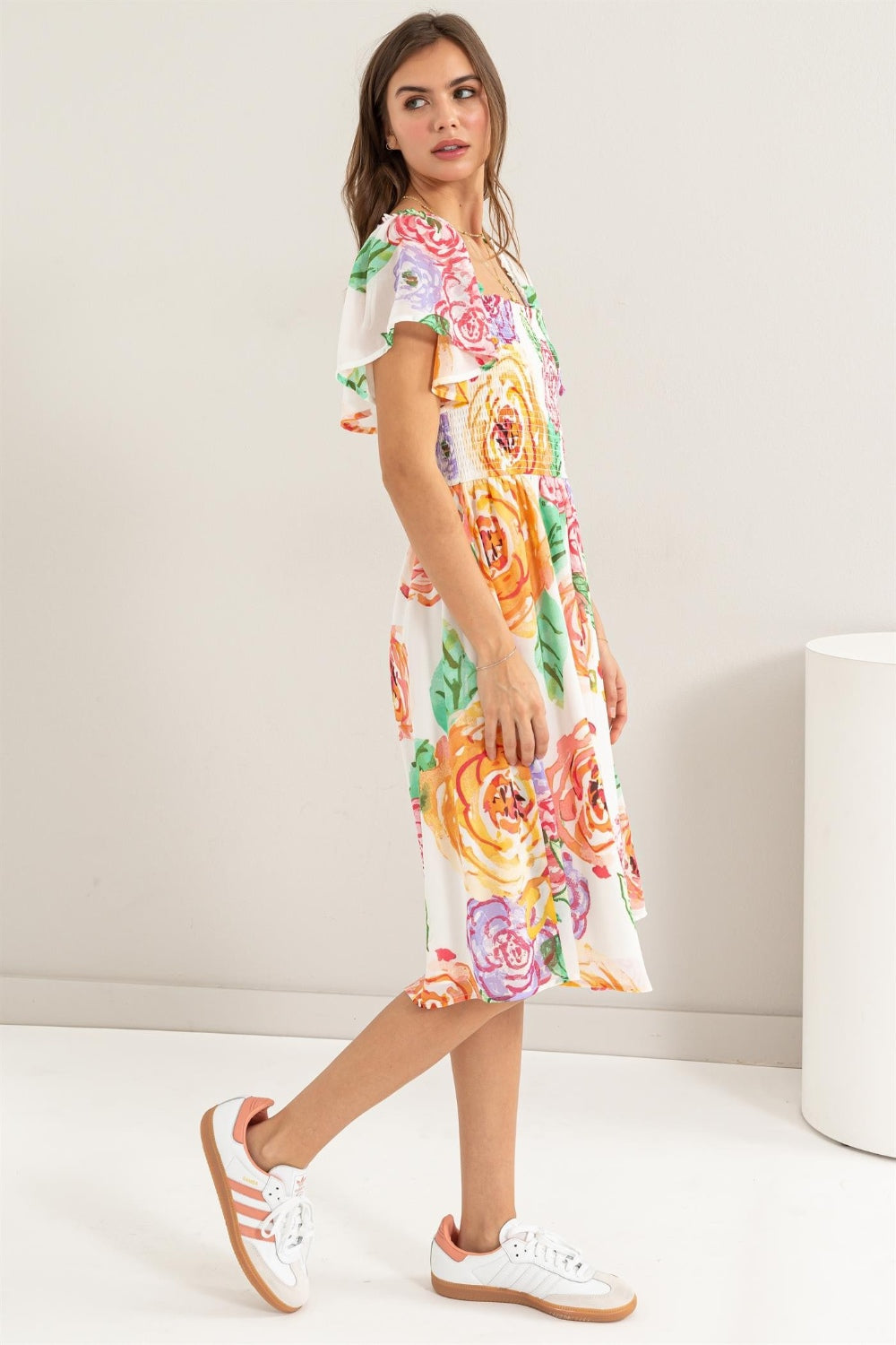 HYFVE Rosé All Day Floral Flutter Sleeve Smocked Dress