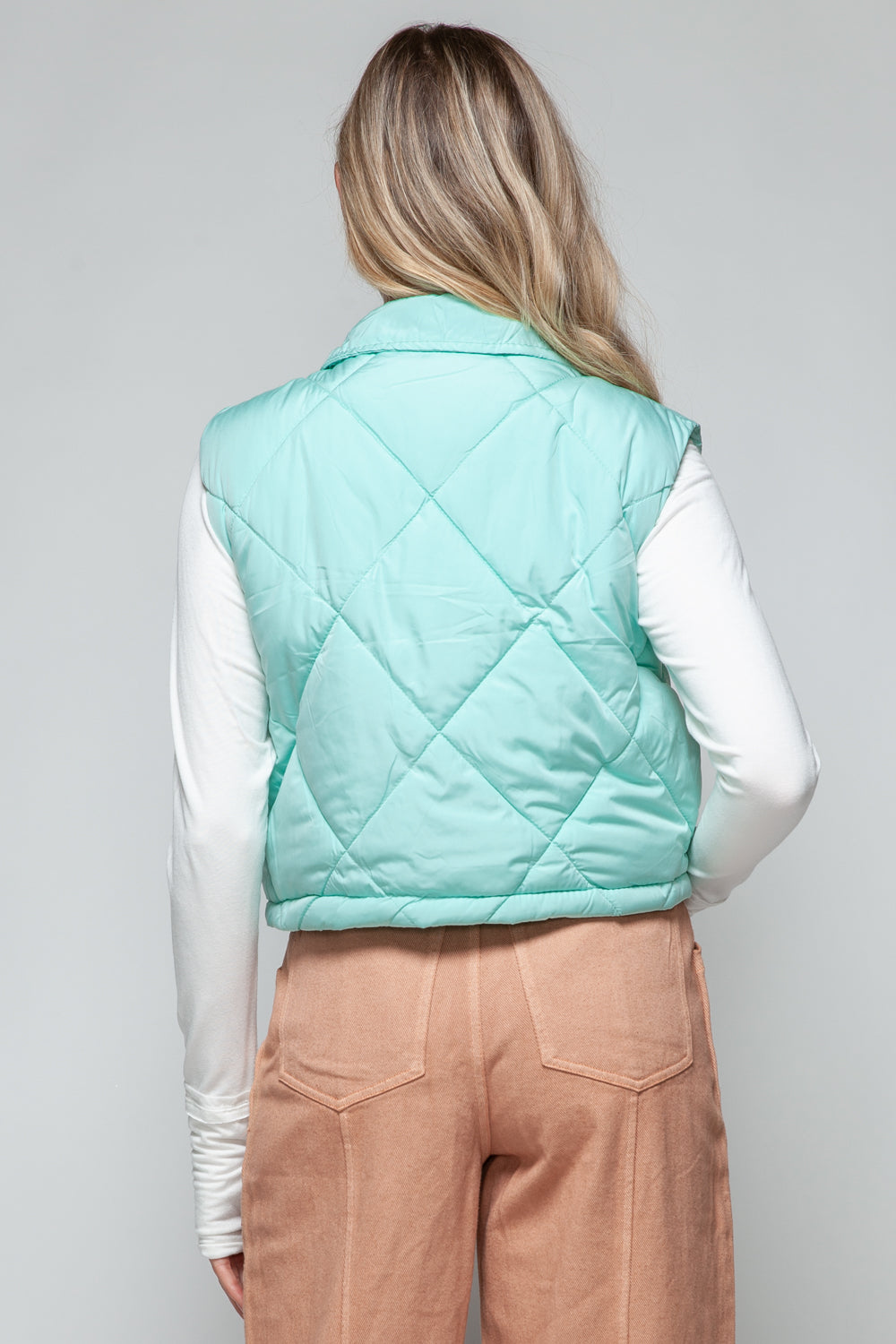Snobbish Quilted and Cute Snap Down Quilted Crop Vest in Green