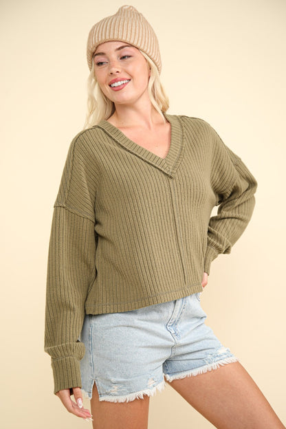VERY J Knit Happens Exposed Seam V-Neck Ribbed Knit Top in Olive