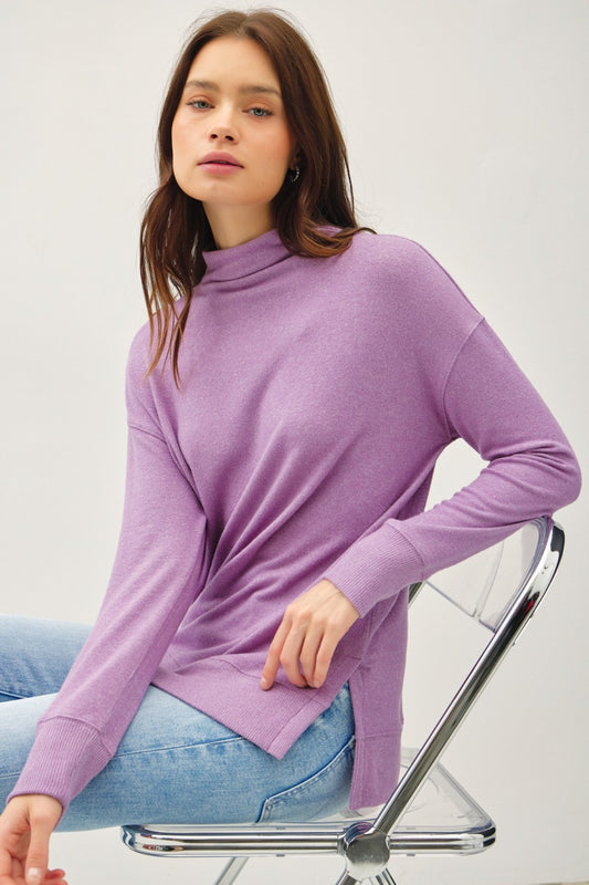 Be Cool Simple Joys Side Slit Mock Neck Long Sleeve Tunic Top in Grape