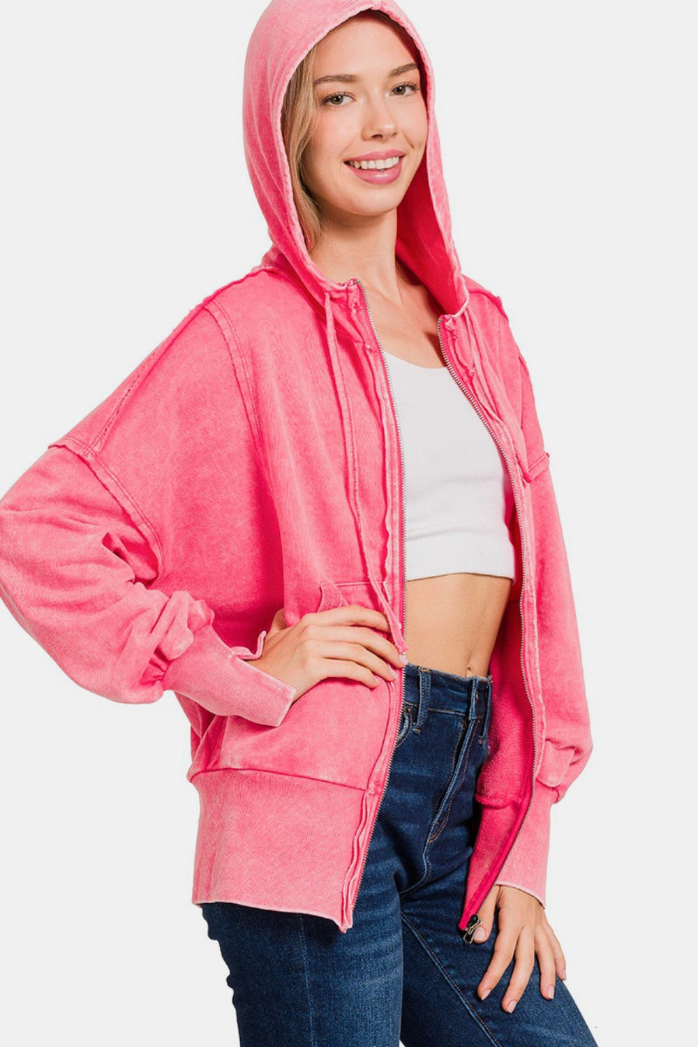 Zenana Acid My Go To French Terry Washed Zip-Up Hoodie with Pockets in Fuchsia