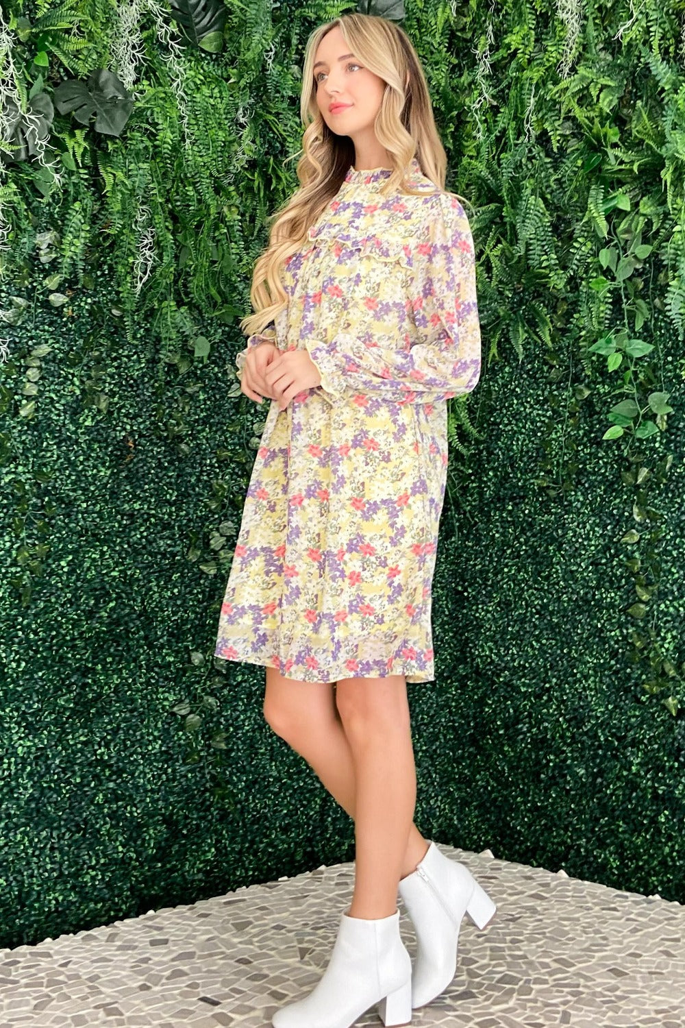 And The Why Endless Summer Floral Mock Neck Flounce Sleeve Dress