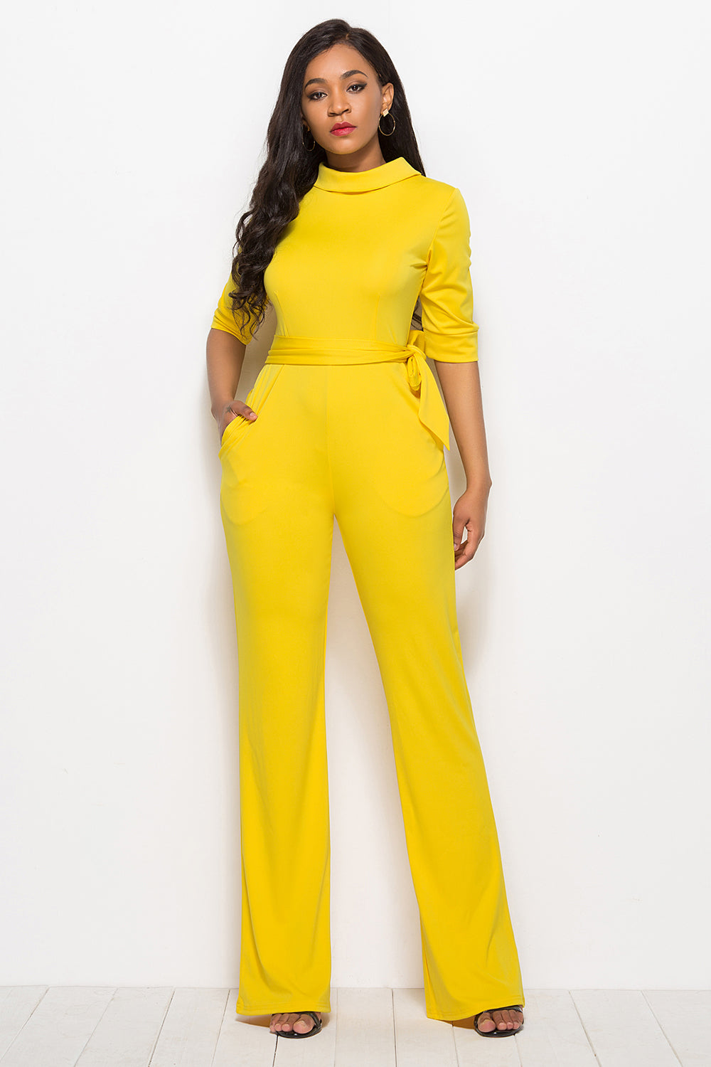 Driven Mock Neck Tie-Waist Half Sleeve Jumpsuit with Pockets