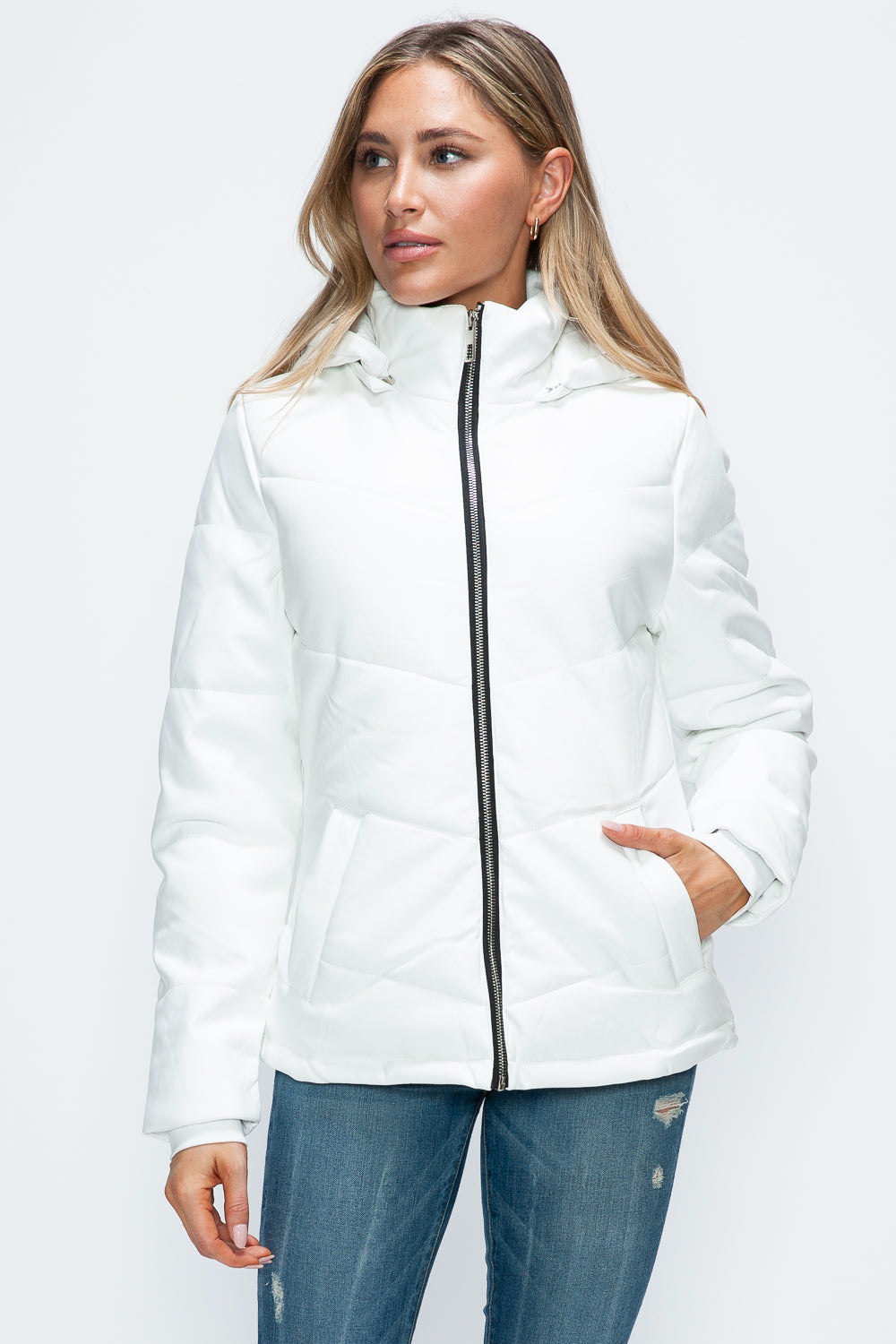 How Dare U Embrace The Chill Pocketed Zip Up Puffer Jacket with Removable Hood in White