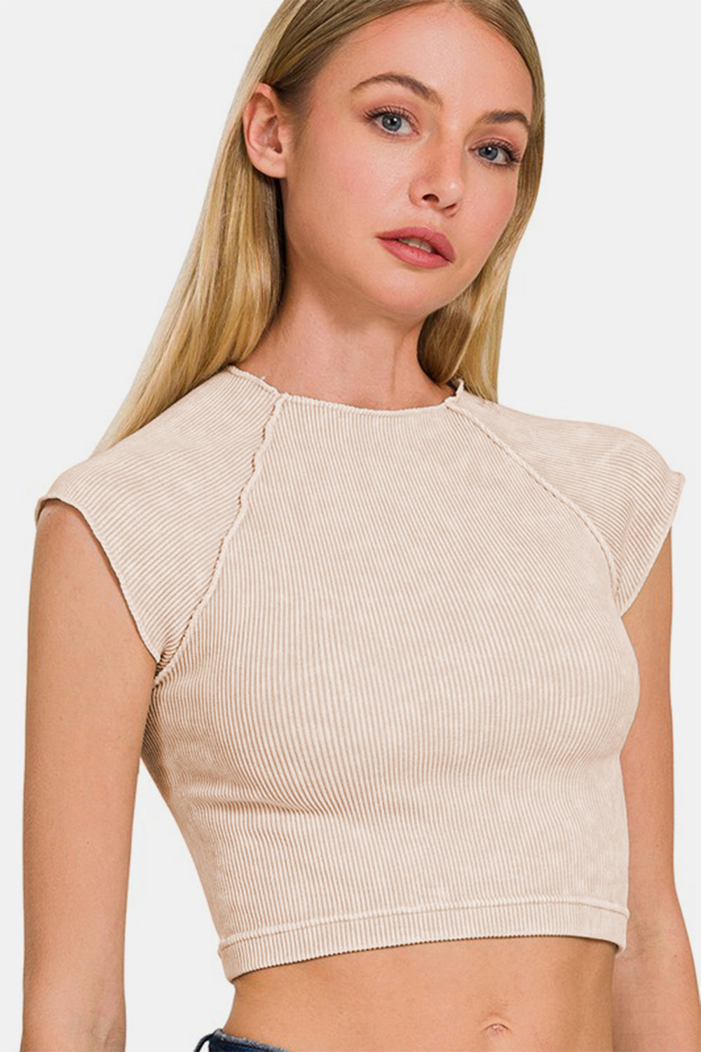 Zenana Back At It Again Ribbed Round Neck Cropped Top in Sand Beige