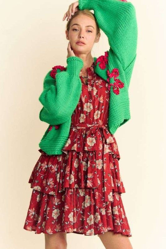 Davi & Dani Pop of Personality Floral Applique Open Front Drop Shoulder Cardigan in Green
