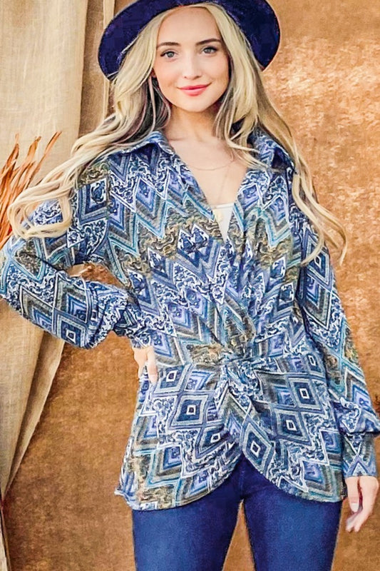 And The Why A Little Twist Long Sleeve Print Twist Knot Blouse