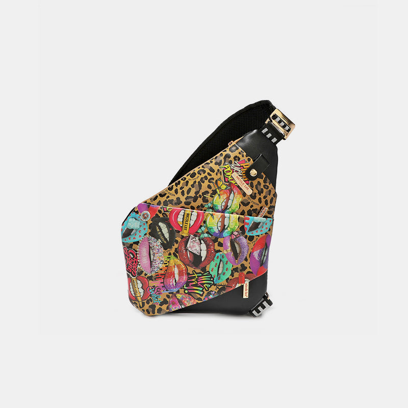 Nicole Lee USA Leopard Lips Vegan Leather Leopard & Lip Pattern Crossbody Bag