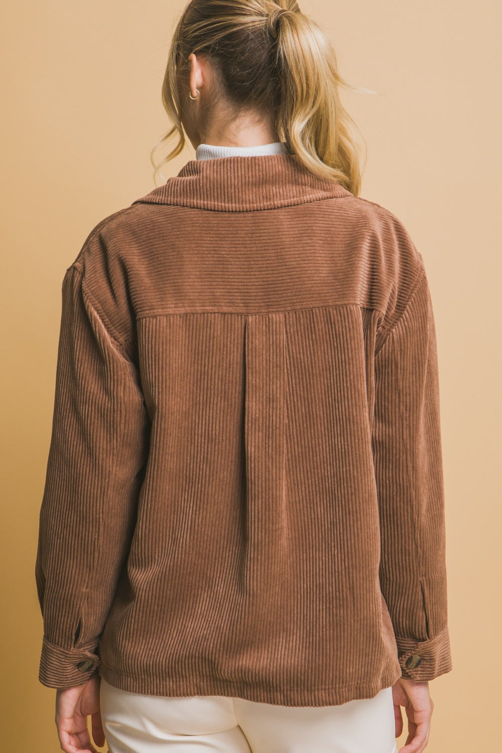 Love Tree Fall In Love Corduroy Button Up Jacket with Sherpa Inside in Cocoa