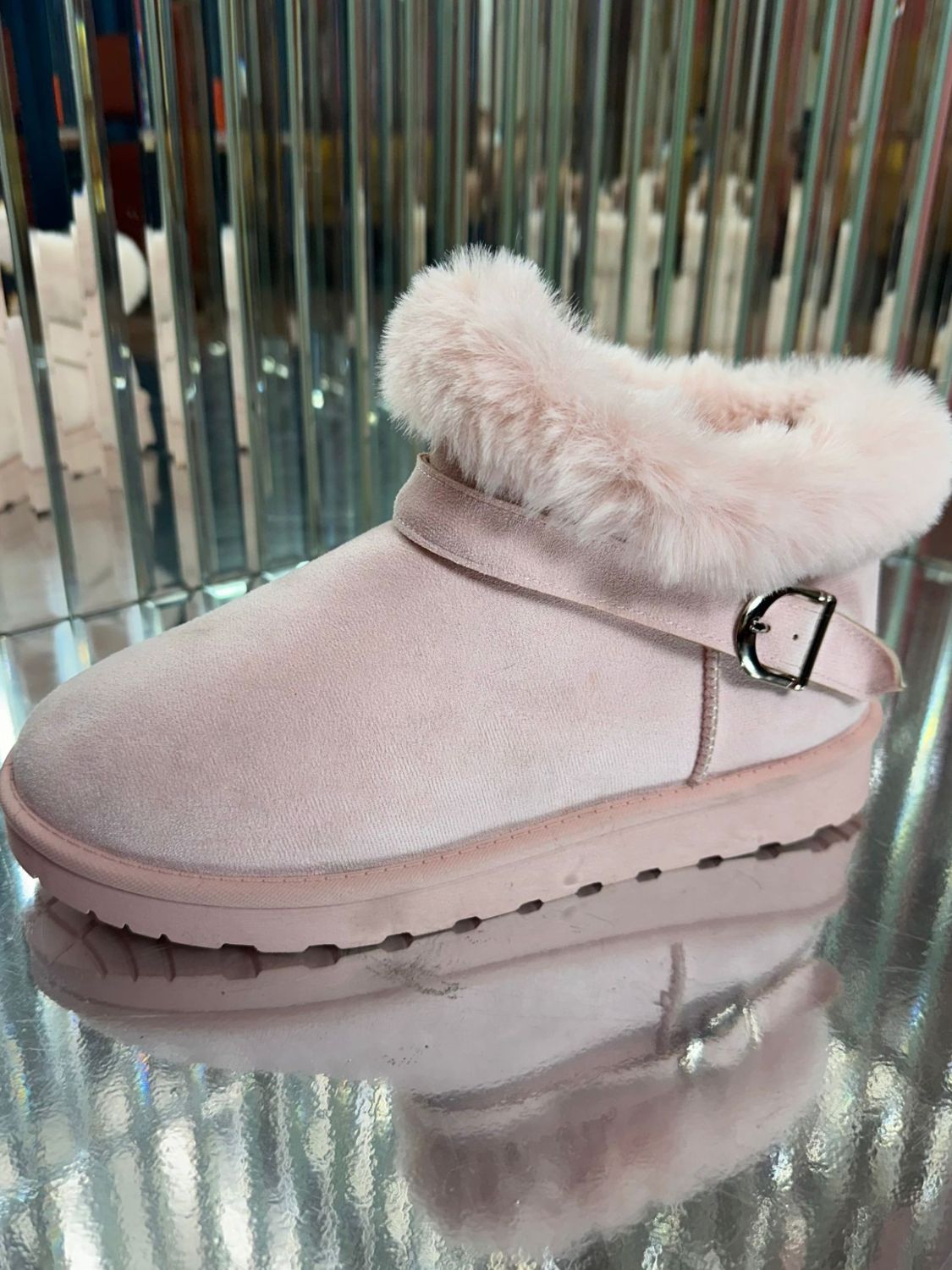 WILD DIVA Faux Fur and Fabulous Faux-Fur Buckle Round Toe Booties in Light Pink