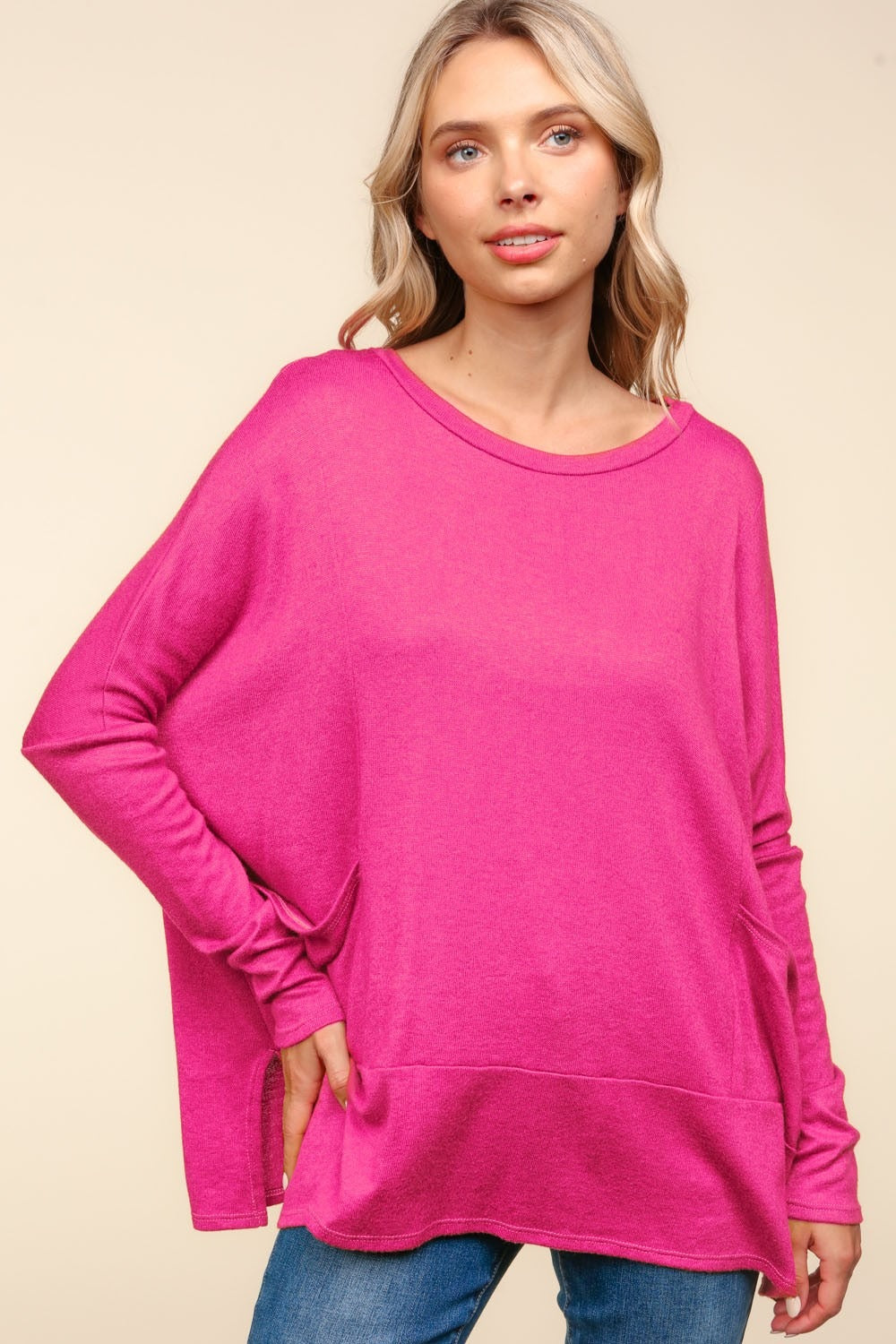 Haptics Fun and Free Dolman Long Sleeve Oversized Knit Top with Pockets in Fuchsia