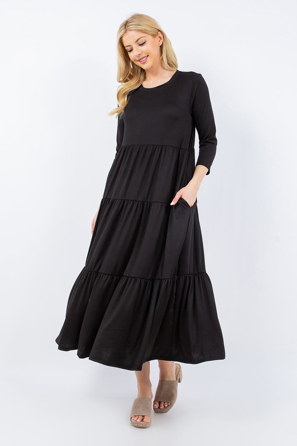 Celeste Dress Up Tiered Midi Dress with Pockets