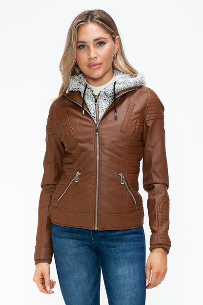 YMI Fuzzy Feels Faux Layered Double-Zipper Jacket with Fuzzy Hood in Rust