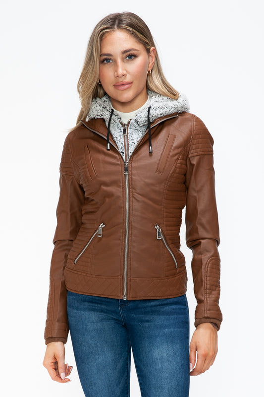 YMI Fuzzy Feels Faux Layered Double-Zipper Jacket with Fuzzy Hood in Rust