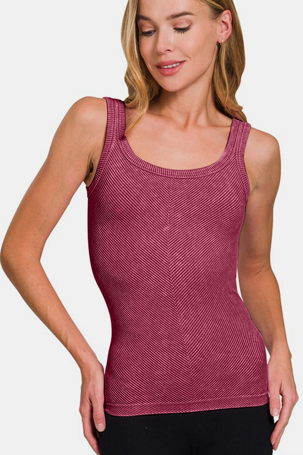 Zenana Chance Of Sun Ribbed Scoop Neck Tank in Burgundy
