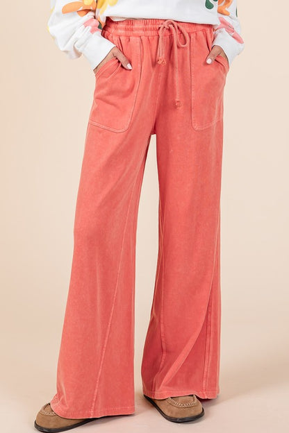 Mittoshop Vintage Dreamin' Mineral Wash French Terry Drawstring Wide Leg Pants in Orange-Red