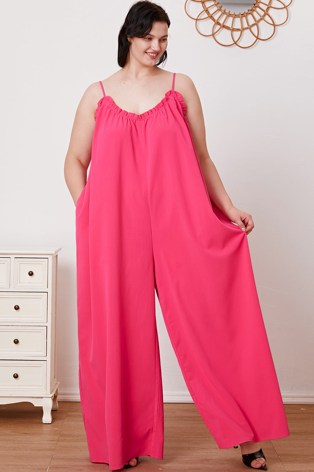 Double Take My Favorite Ruffle Trim Tie Back Cami Jumpsuit with Pockets