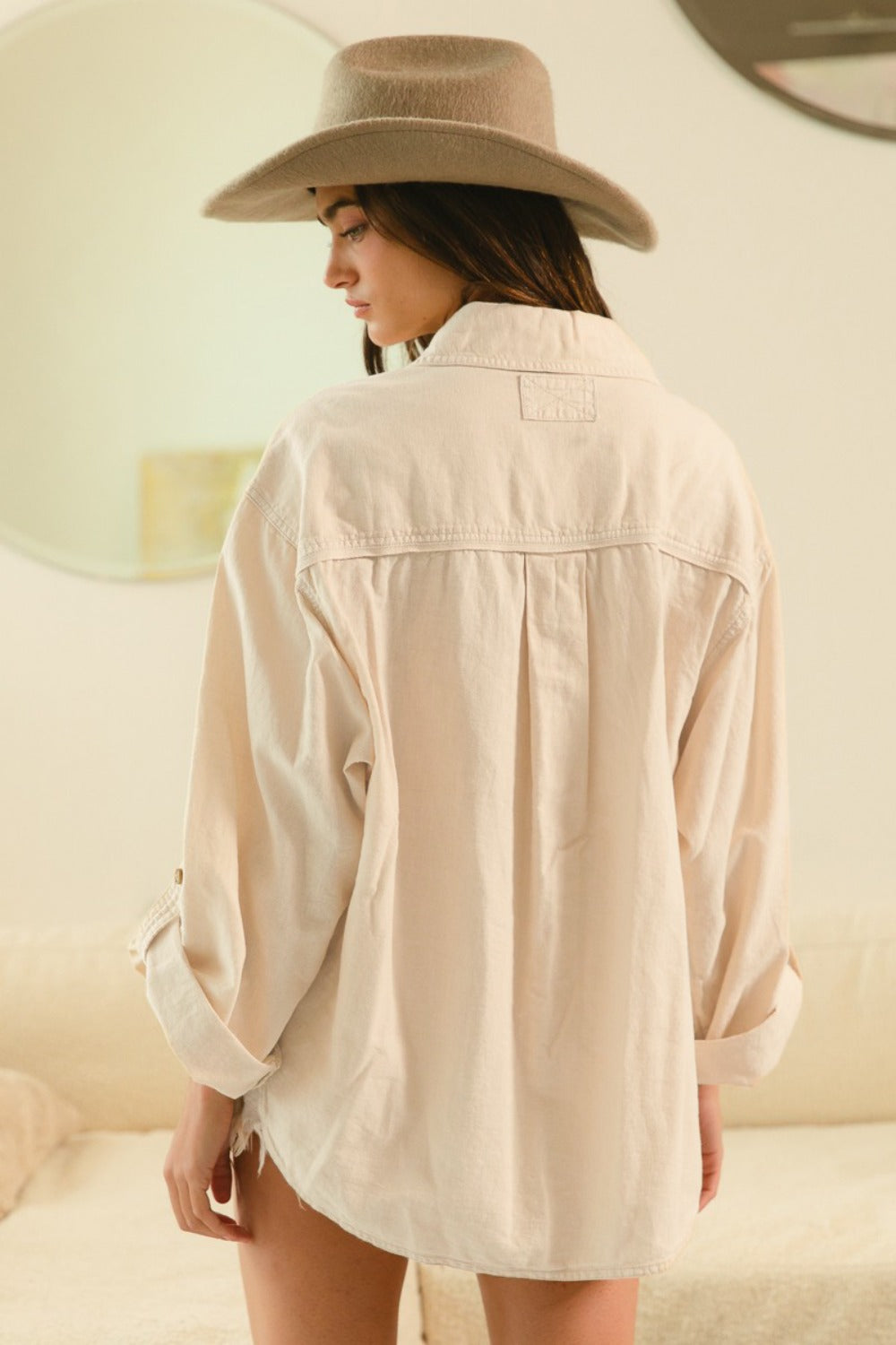 BiBi Stitched With Love Button Down Stitch Detail Shirt with Chest Pockets in Oatmeal