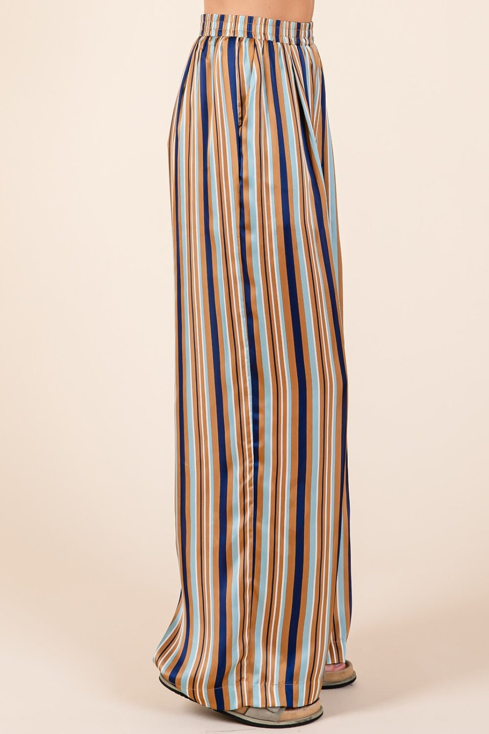 Mittoshop Oh Hey There Striped Satin Elastic Waist Wide Leg Pants in Navy Multi