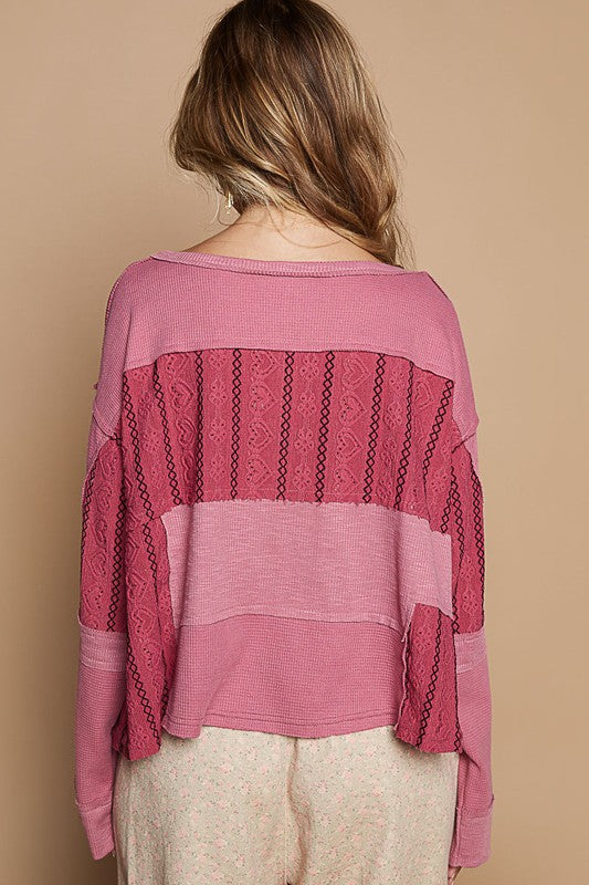 POL Block Party Half Button Color Block Drop Shoulder Knit Top in Cerise