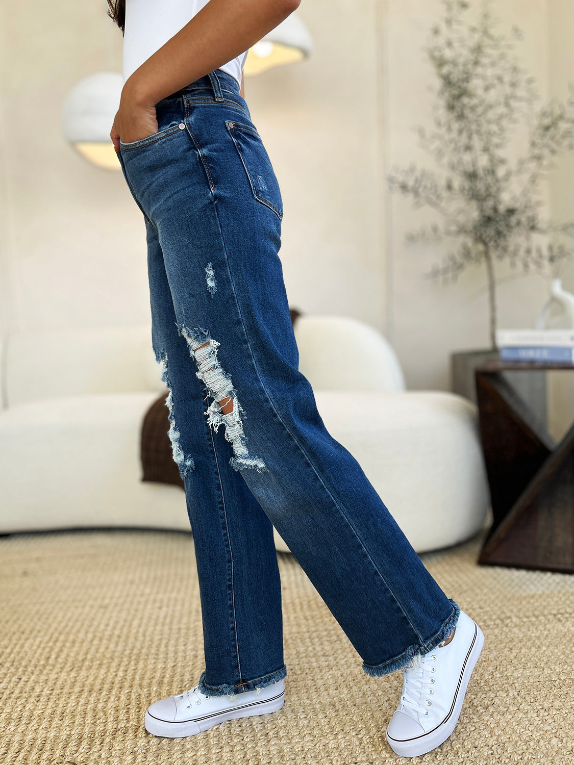 Judy Blue Joanna Mid Rise Distressed Raw Hem Jeans