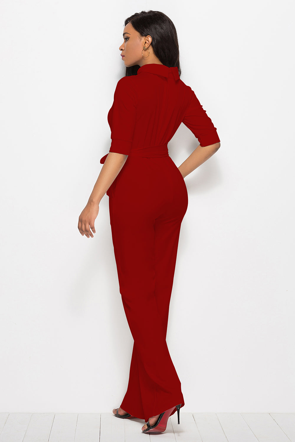 Driven Mock Neck Tie-Waist Half Sleeve Jumpsuit with Pockets
