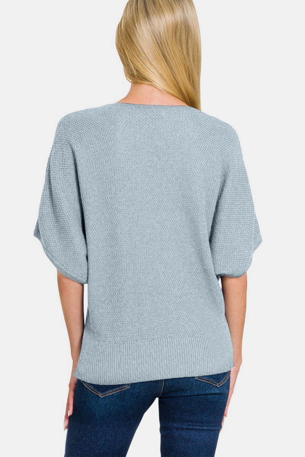 Zenana Make Your Move V-Neck Short Sleeve Dolman Sweater in Blue Grey