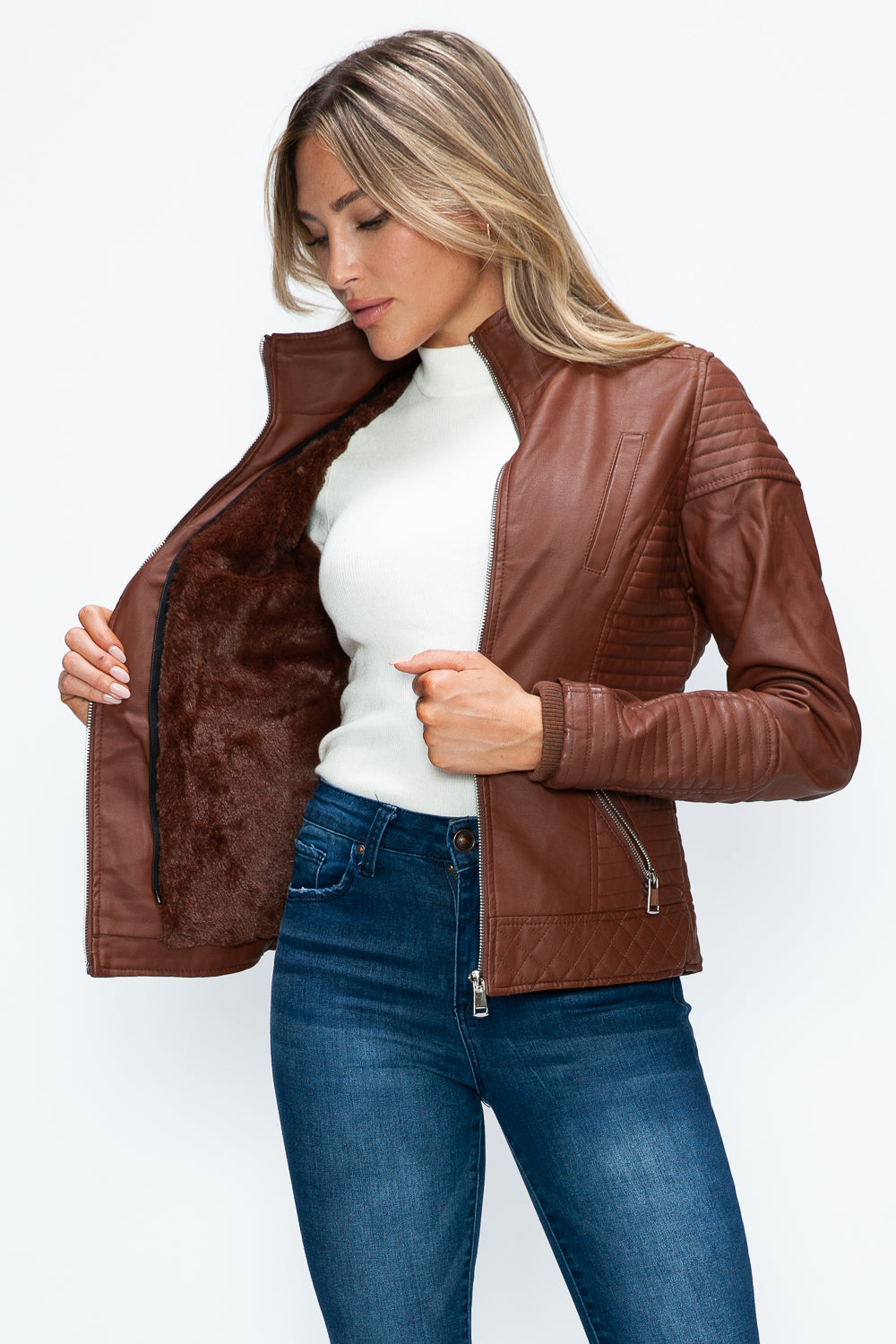 YMI Fuzzy Feels Faux Layered Double-Zipper Jacket with Fuzzy Hood in Brandy