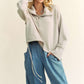 Davi & Dani Good Vibes Only Drawstring Hem Half Zip Raglan Sleeve Sweatshirt in Warm Grey