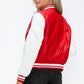 Love Me Now Bring The Love PU Leather Contrast Snap Down Bomber Jacket in Red/Wine