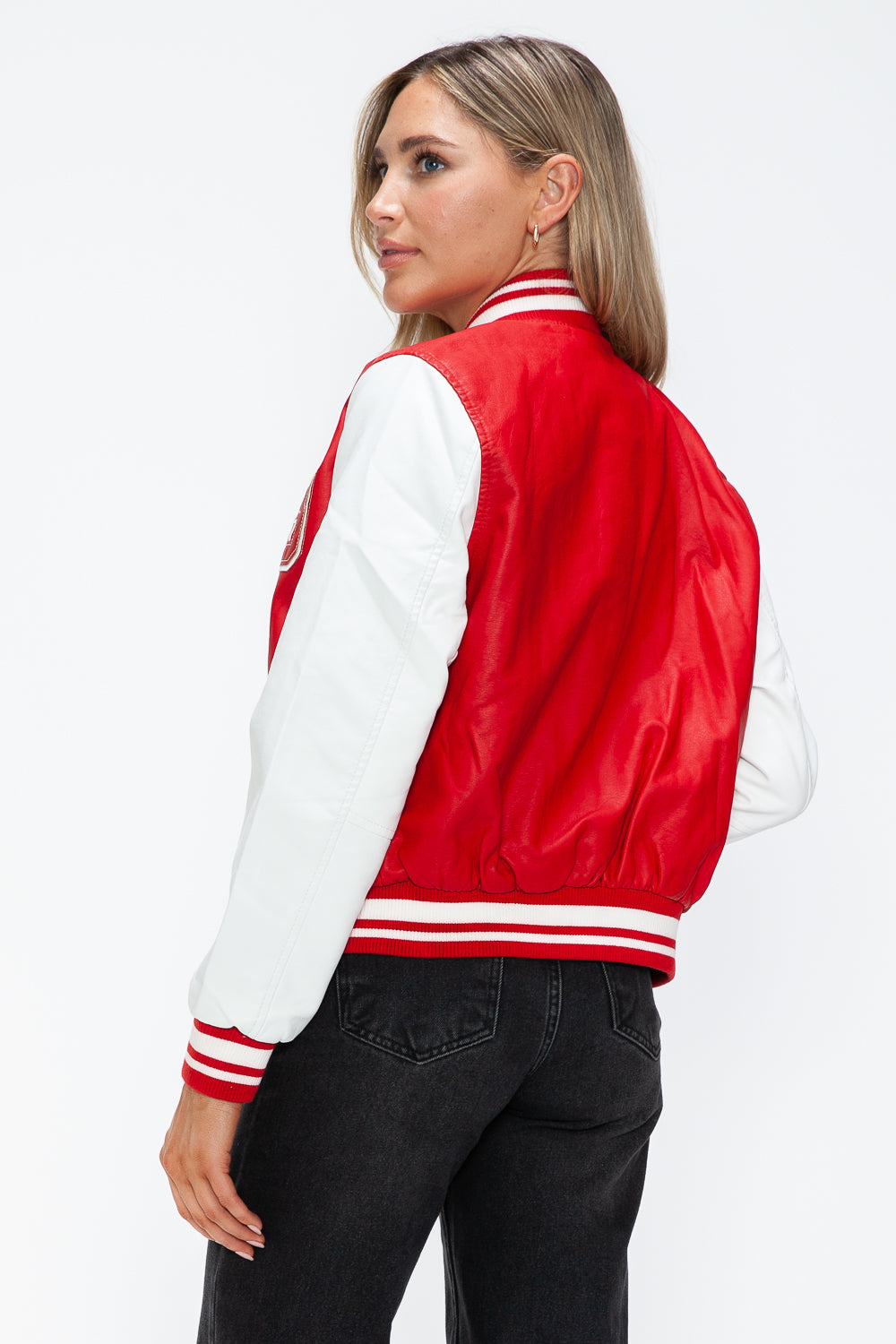 Love Me Now Bring The Love PU Leather Contrast Snap Down Bomber Jacket in Red/Wine
