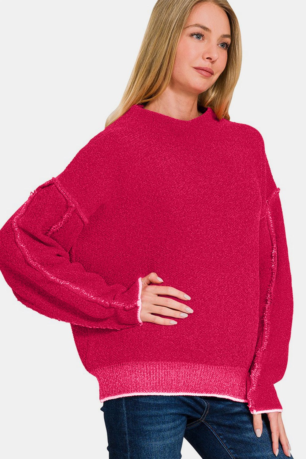 Zenana Give Me Adventures Exposed Seam Mock Neck Long Sleeve Sweater in Viva Magenta