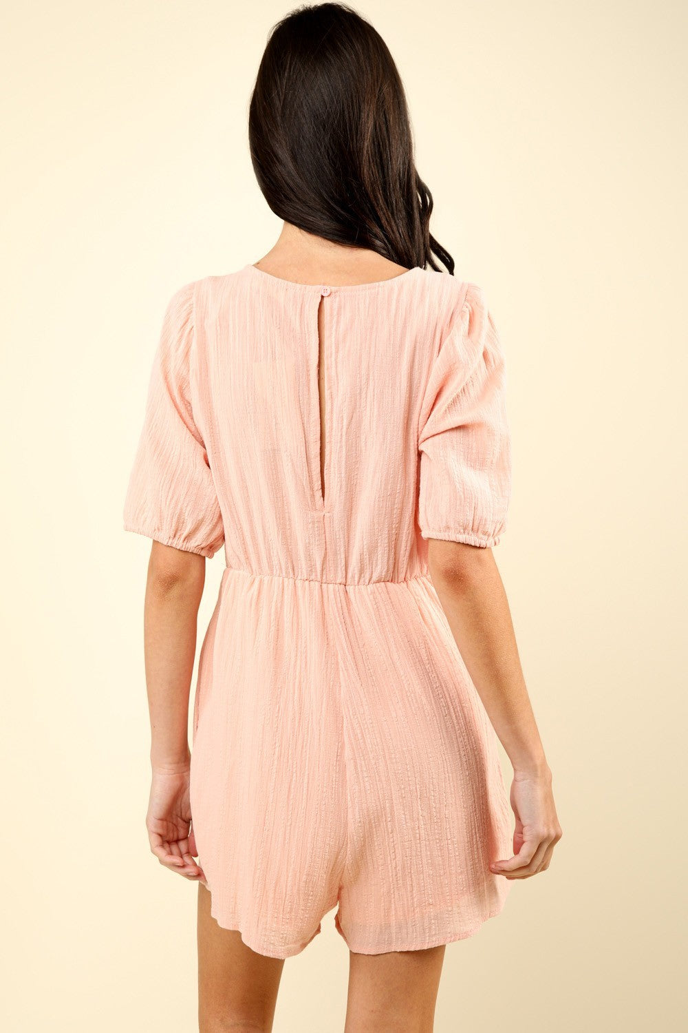 VERY J Date Night Lace Detail Puff Sleeve Romper with Pockets in Blush