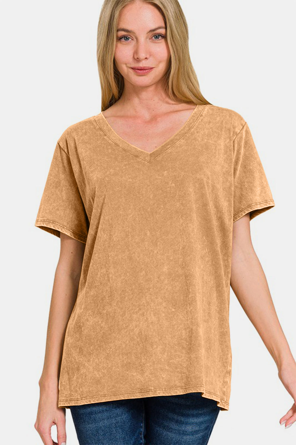 Zenana Cute in Camel Washed Short Sleeve V-Neck T-Shirt