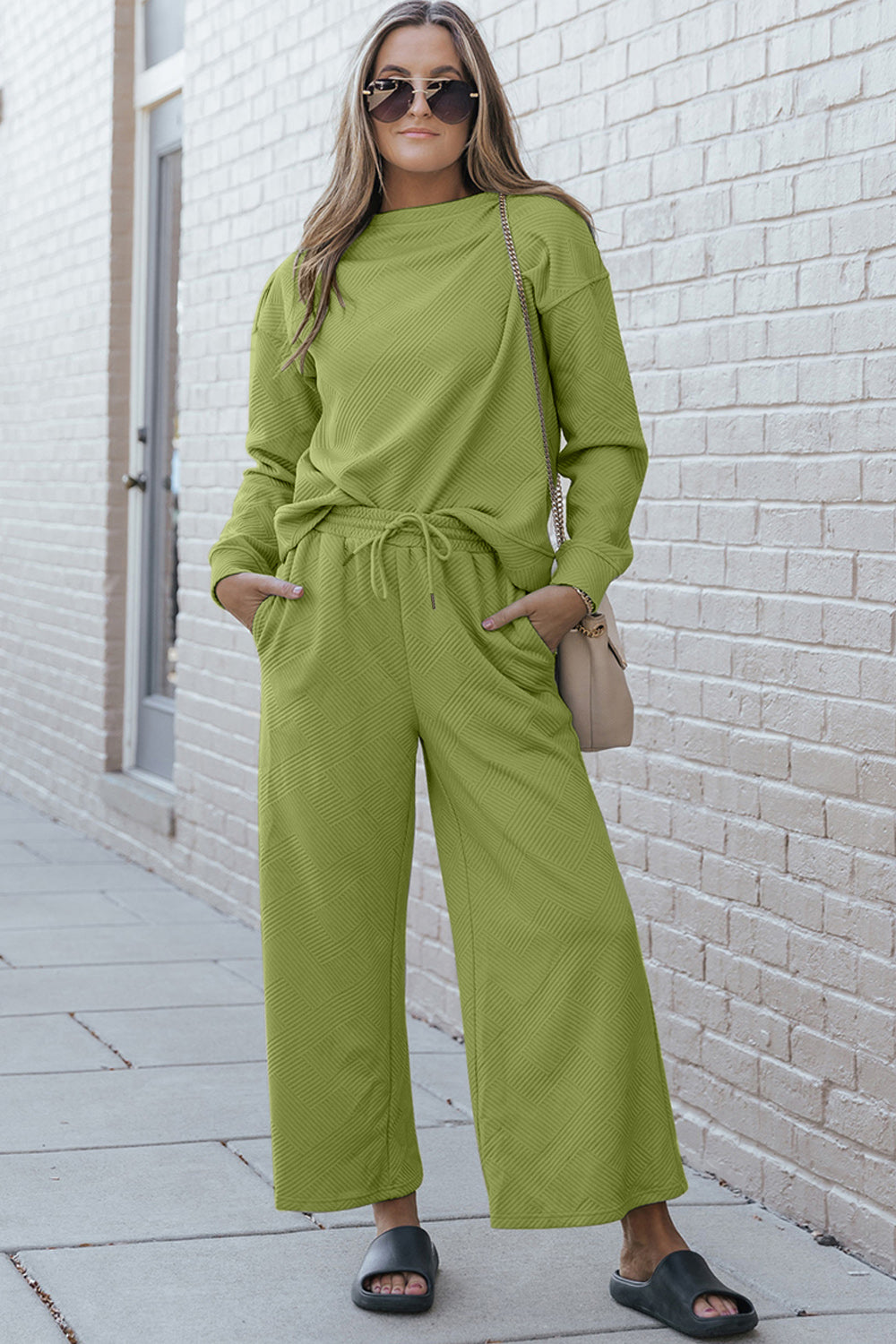 Double Take Let's Slow Down Textured Long Sleeve Top and Drawstring Pants Set