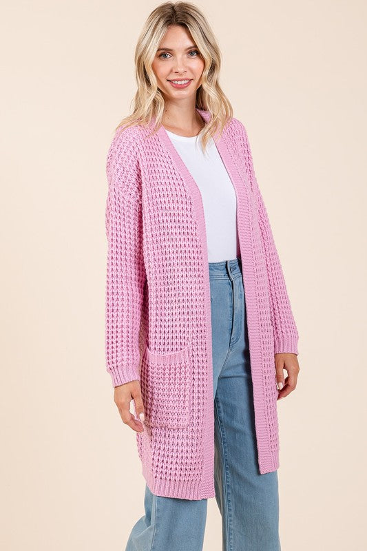 Mittoshop Cozy Hug Open Front Long Sleeve Longline Cardigan in Pink