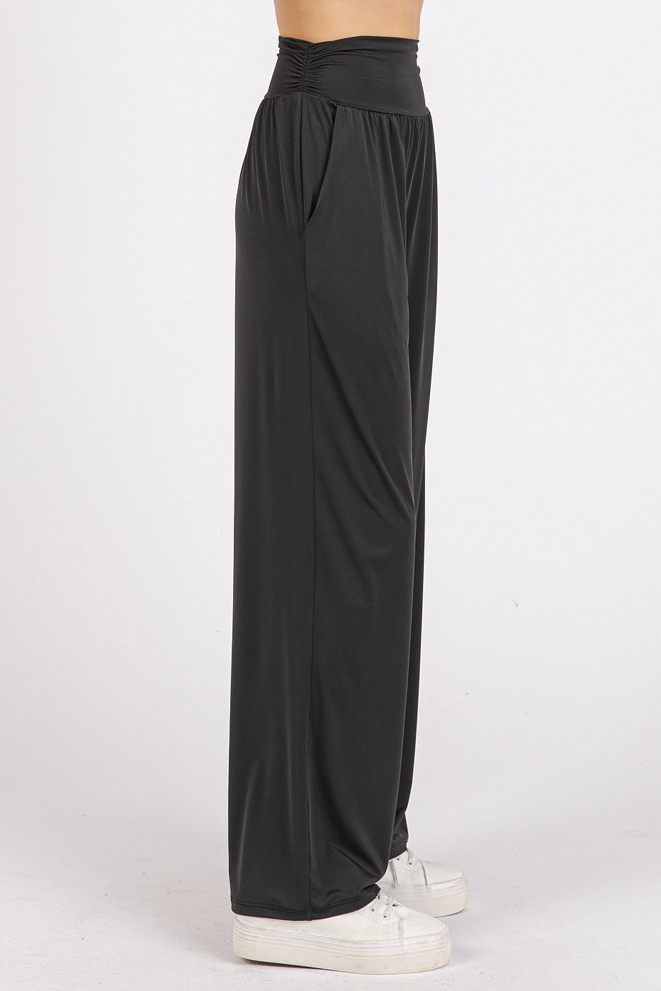 Mittoshop Living for the Flow Stretch Banded Waist Wide Leg Pants with Pockets in Black