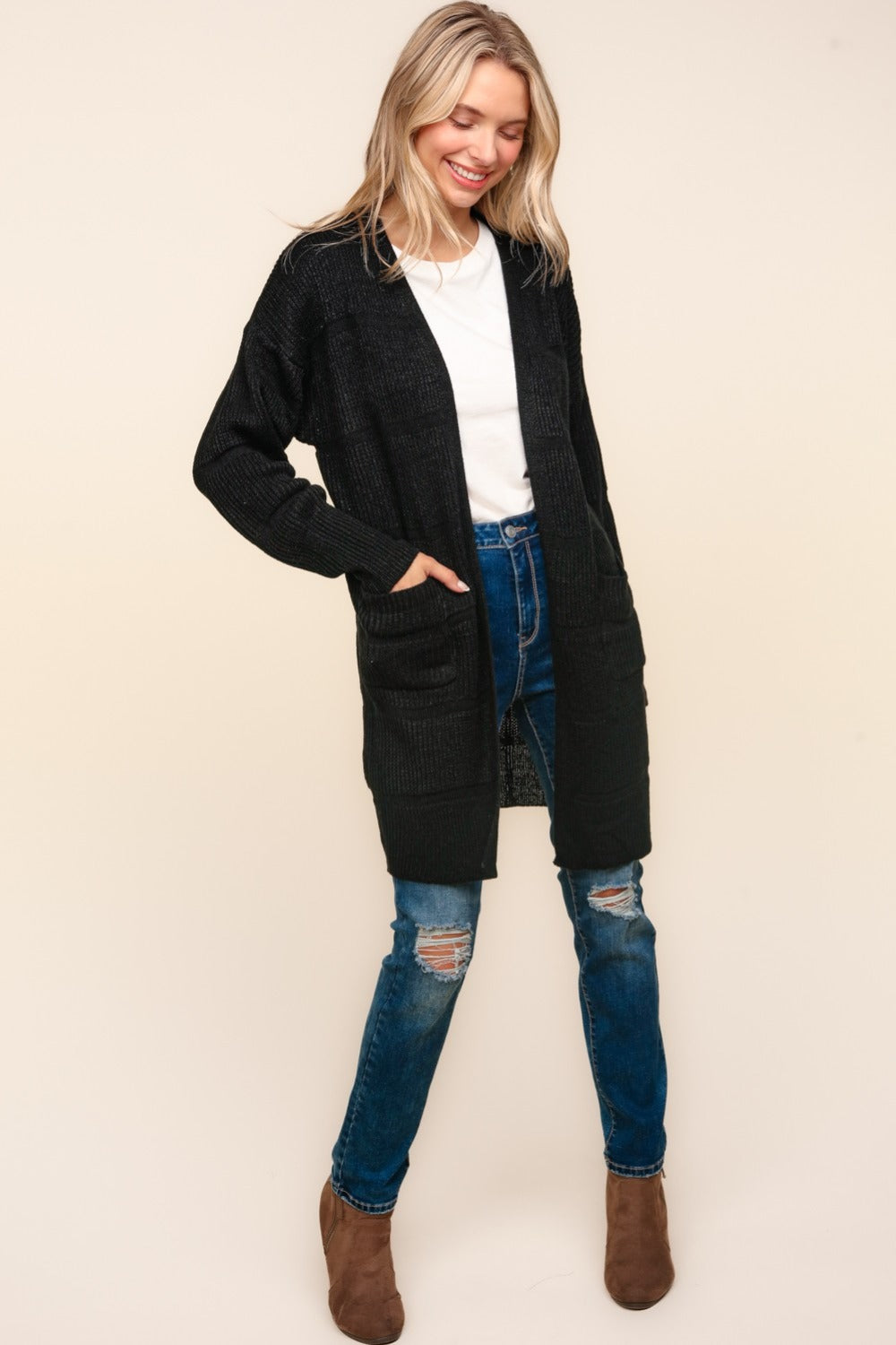Haptics Crisp Nights Stripe Textured Open Front Cardigan with Pockets in Black