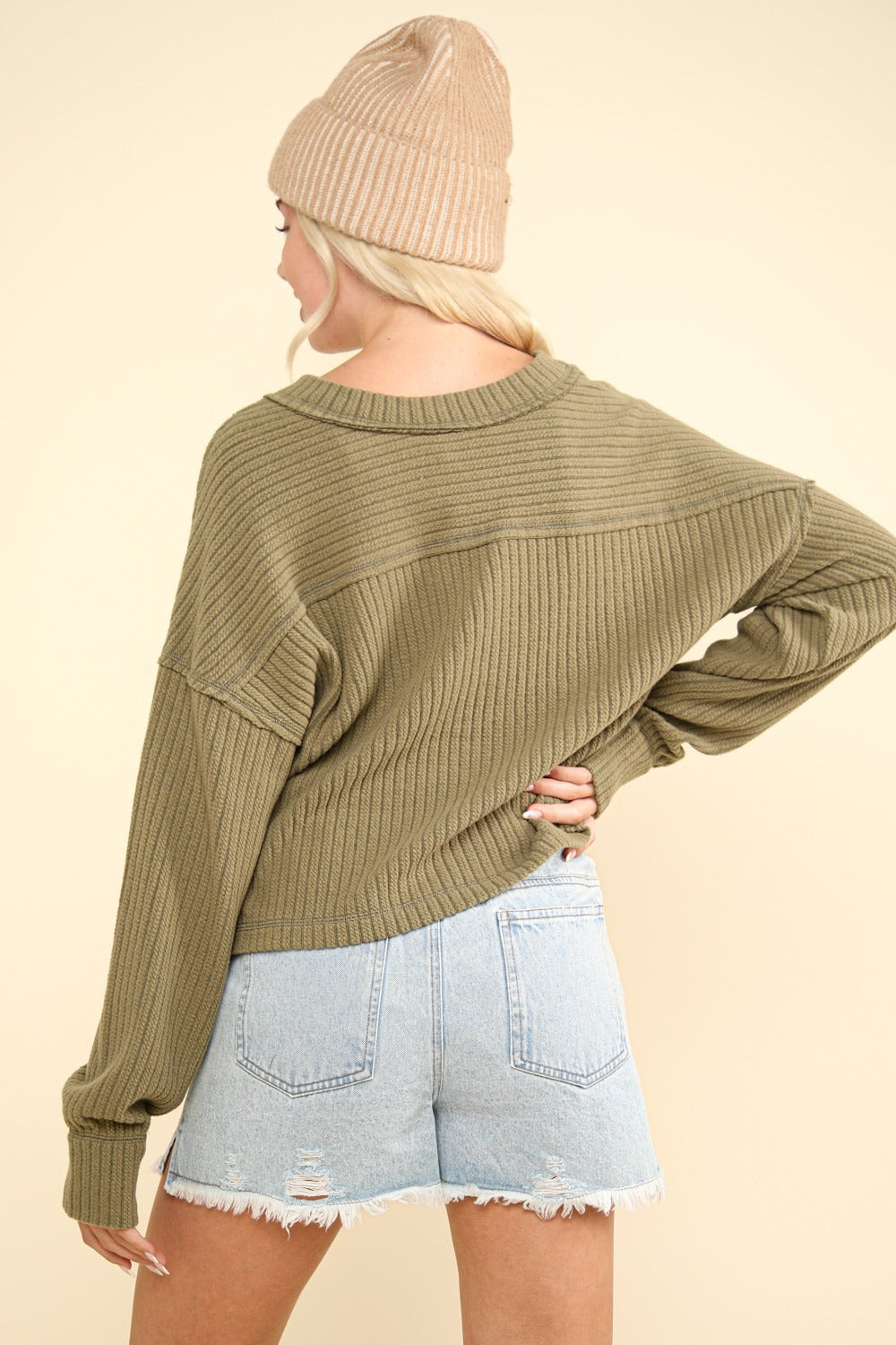 VERY J Knit Happens Exposed Seam V-Neck Ribbed Knit Top in Olive