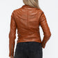 Snobbish Embrace The Day Faux Leather Zip Up Drawstring Hooded Jacket in Camel