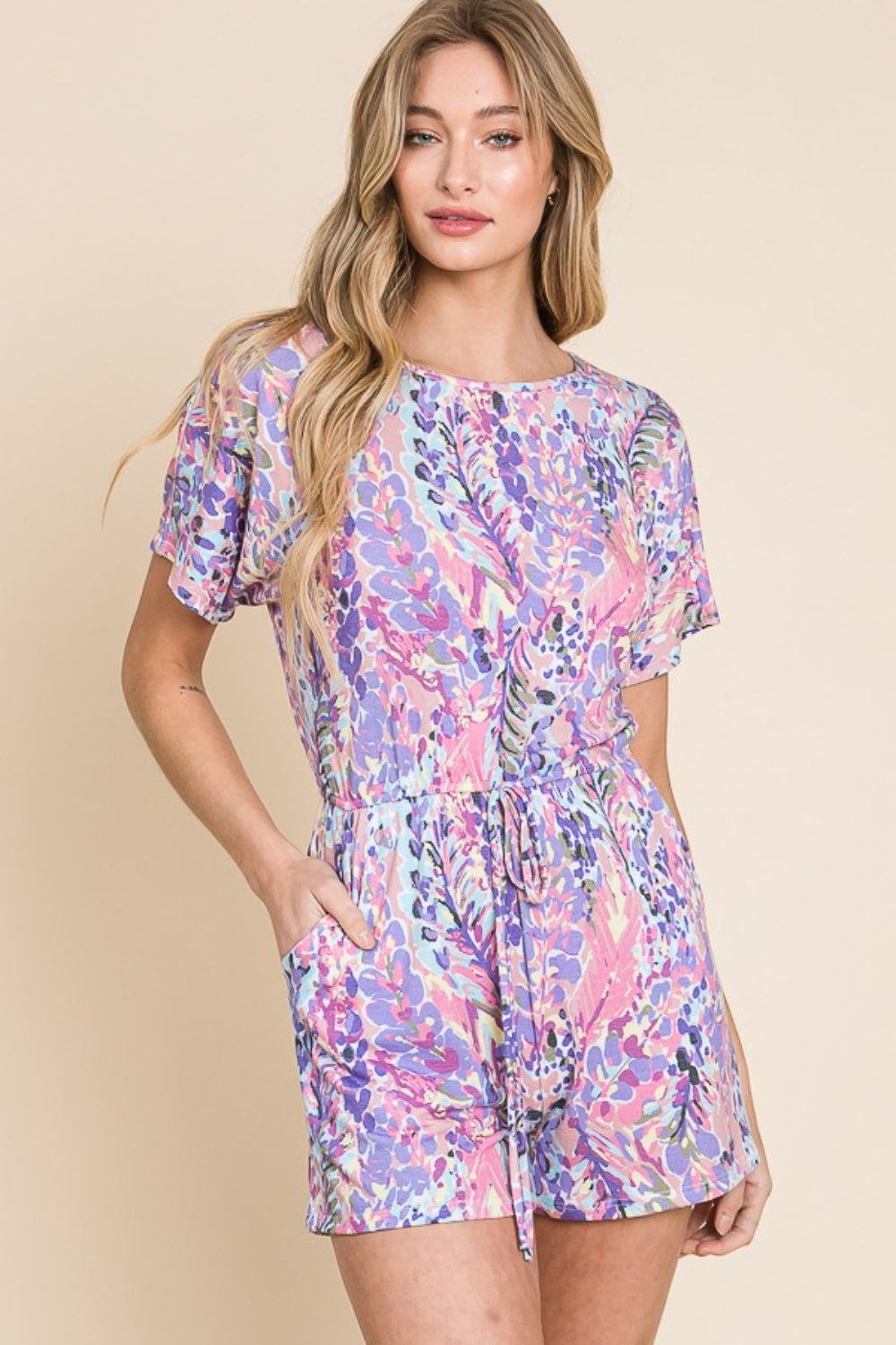 BOMBOM Flower Bed Dreams Print Short Sleeve Romper with Pockets in Plum