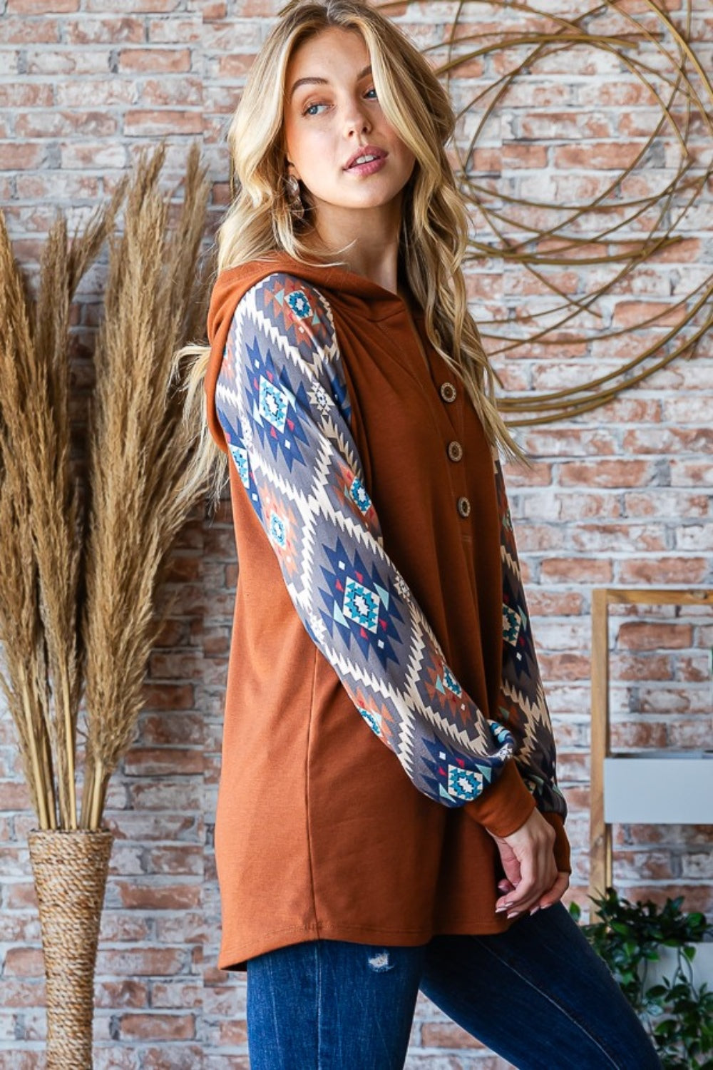 Heimish All Day Vibin' Half Button Printed Long Sleeve Hooded Top in Mocha Brown