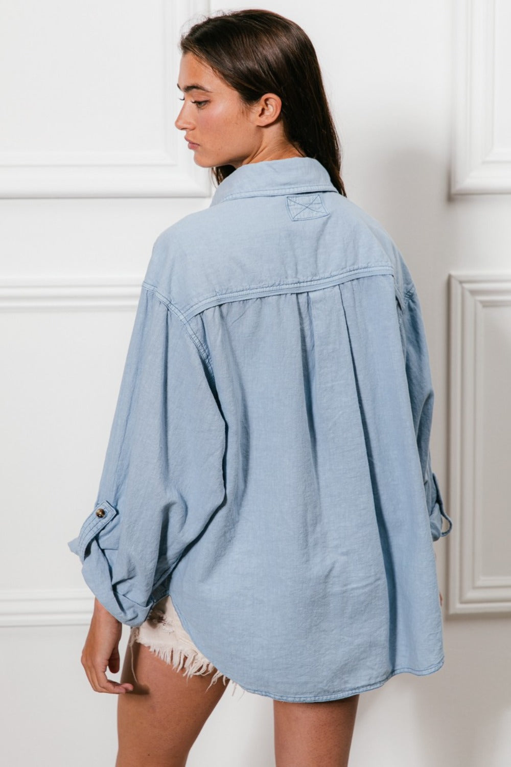 BiBi Stitched With Love Button Down Stitch Detail Shirt with Chest Pockets in Denim