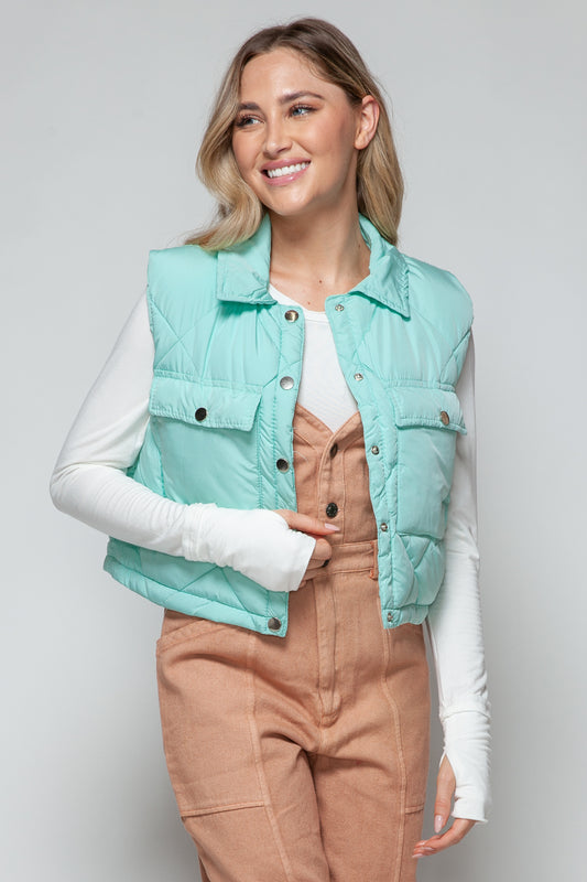 Snobbish Quilted and Cute Snap Down Quilted Crop Vest in Green